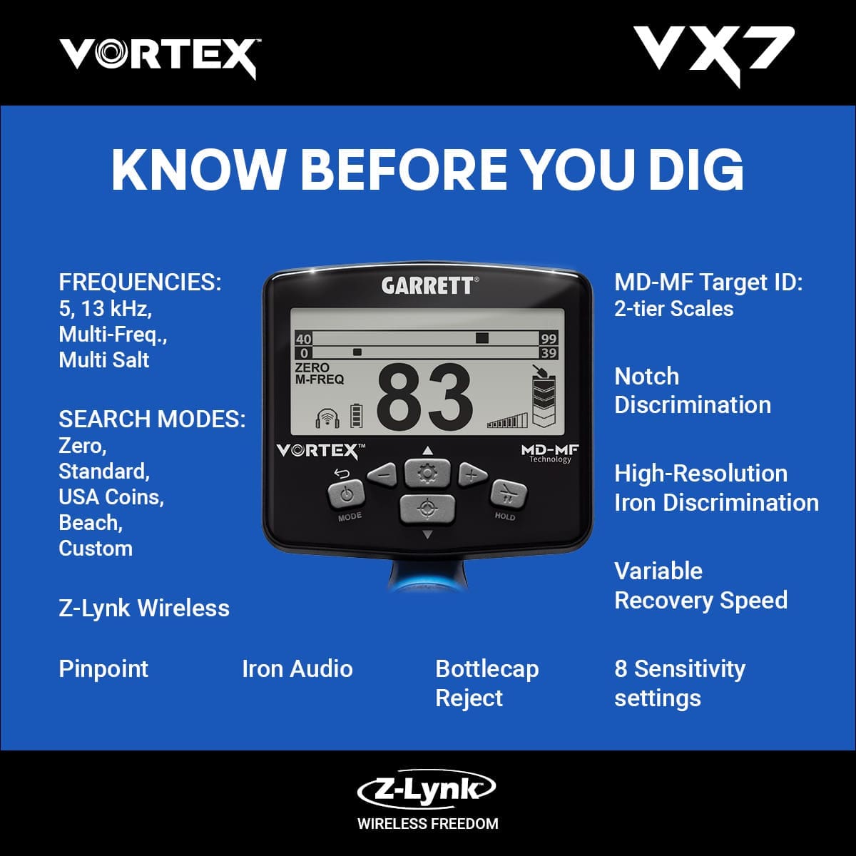 Kütahya Garrett Vortex VX7 Dedektör - VX7 hedef ID ekranı, iki katmanlı MD-MF okuma ile demir ve iletken hedefleri ayırmaya yardım eder.